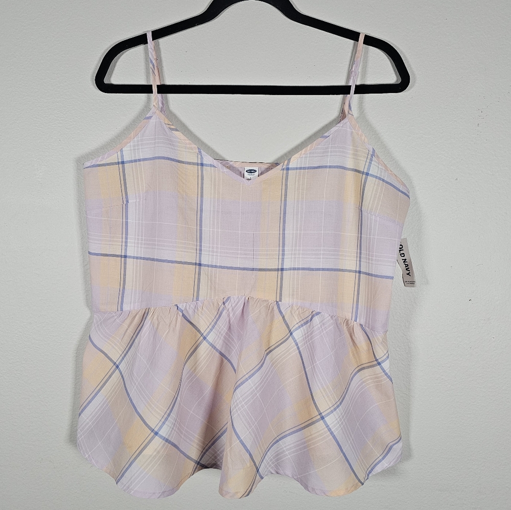 Old Navy Womens‎ Large Babydoll Top Pink Plaid Cotton Blouse Flowy Beachy NWT